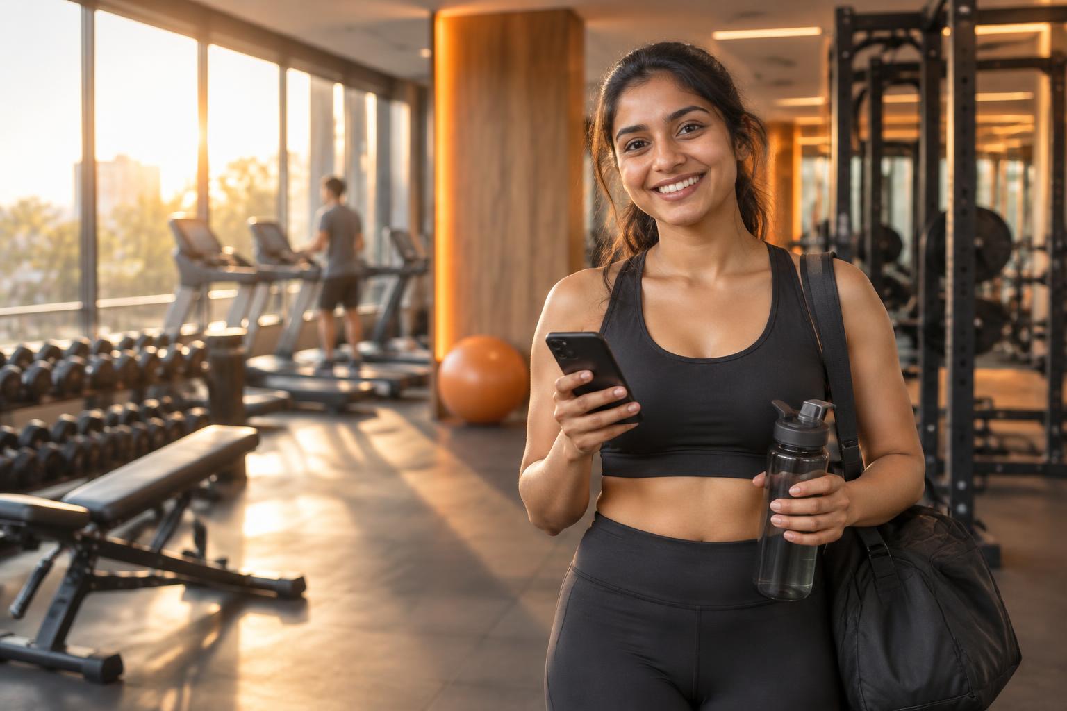 A happy member smiling at the gym after booking a session on her phone
