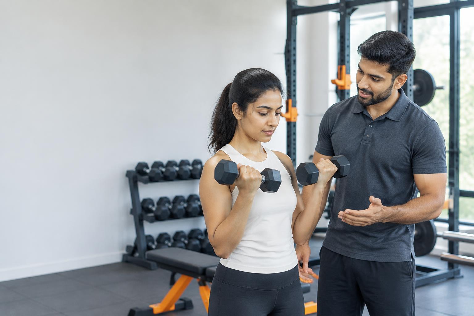A fitness trainer coaching a client in a gym